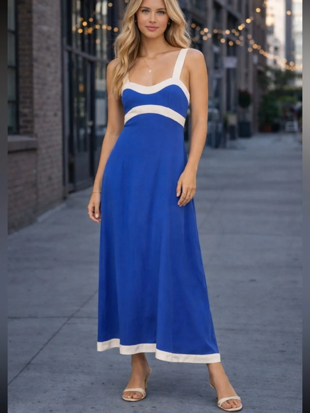 Sancia Amara Blue Midi Dress Cream Trim Sleeveless Resort Coastal 38423